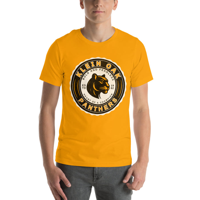 Man wearing a Klein Oak High School Panthers Premium Gold Unisex T-shirt 205