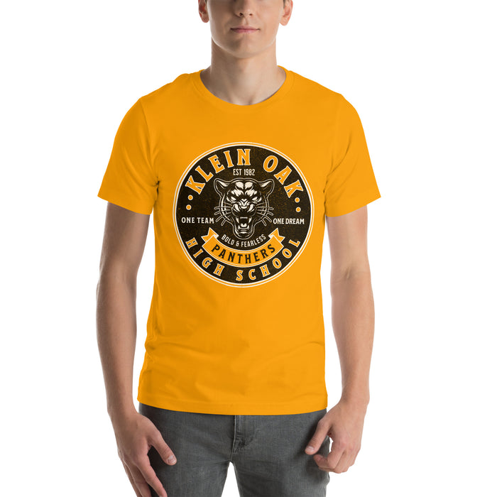 Man wearing a Klein Oak High School Panthers Premium Gold Unisex T-shirt 207