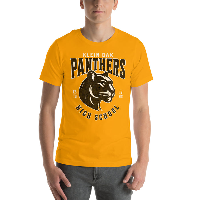 Man wearing a Klein Oak High School Panthers Premium Gold Unisex T-shirt 208