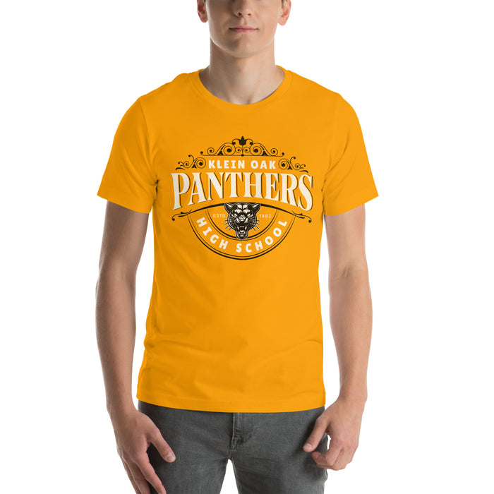 Man wearing a Klein Oak High School Panthers Premium Gold Unisex T-shirt 210