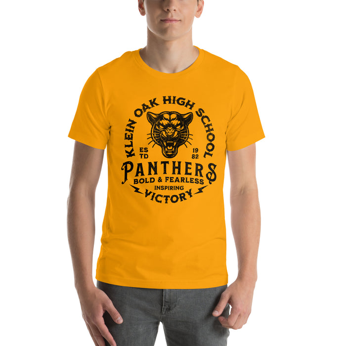 Man wearing a Klein Oak High School Panthers Premium Gold Unisex T-shirt 211