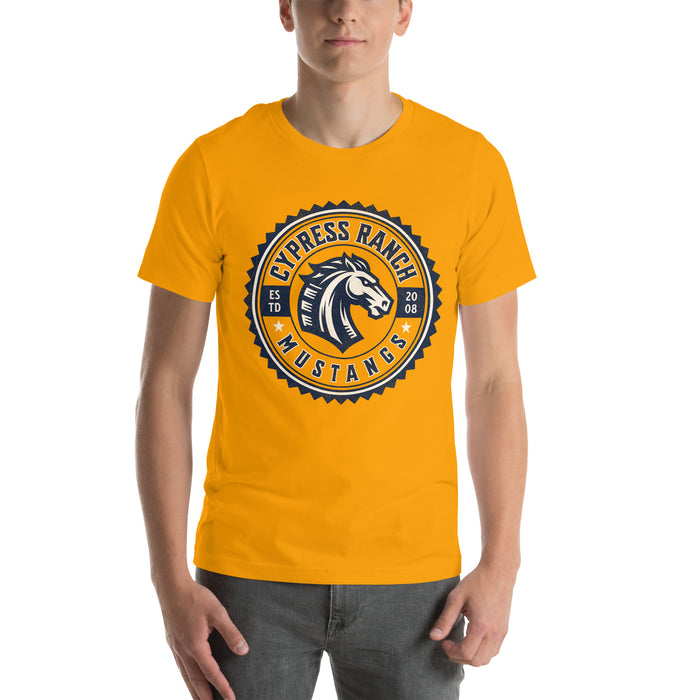 Man wearing Cypress Ranch High School Mustangs Gold Premium Unisex T-shirt 204