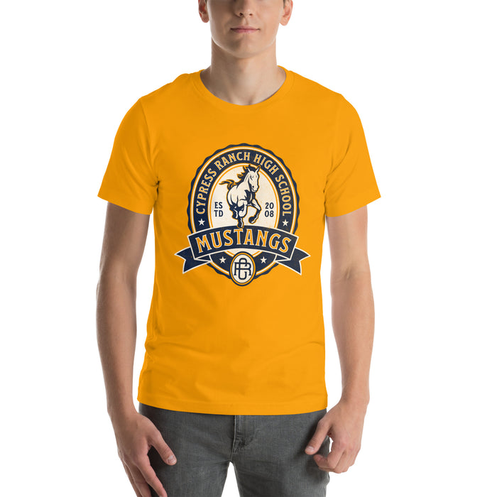 Man wearing Cypress Ranch High School Mustangs Gold Premium Unisex T-shirt 213