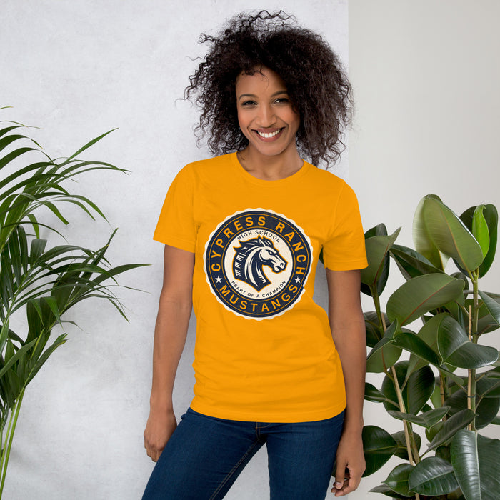 Woman wearing Cypress Ranch High School Mustangs Gold Premium Unisex T-shirt 218