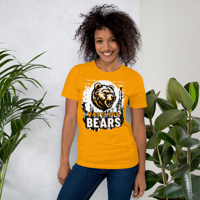 Woman wearing Hastings High School Bears Black Premium Unisex T-shirt 202