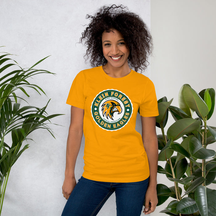 Woman wearing Klein Forest High School Golden Eagles Premium Gold Unisex T-shirt 216