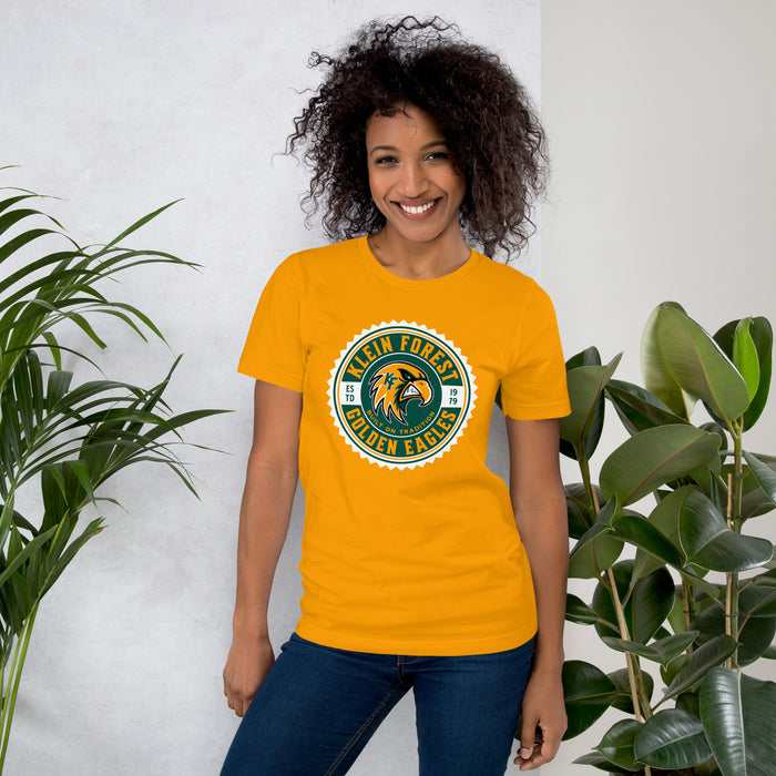 Woman wearing Klein Forest High School Golden Eagles Premium Gold Unisex T-shirt 203