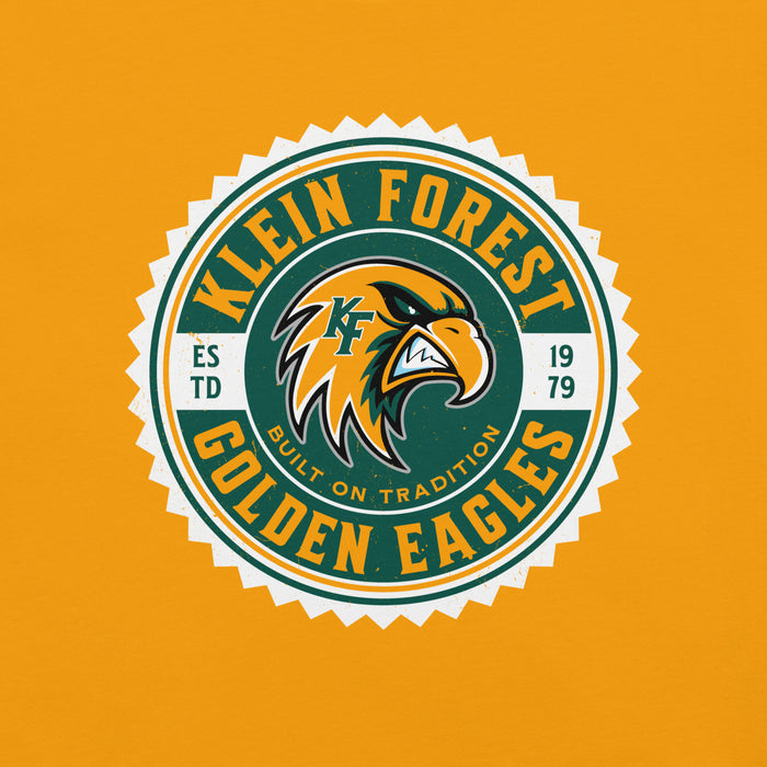 Close-up view of Klein Forest High School Golden Eagles Premium Gold Unisex T-shirt 203