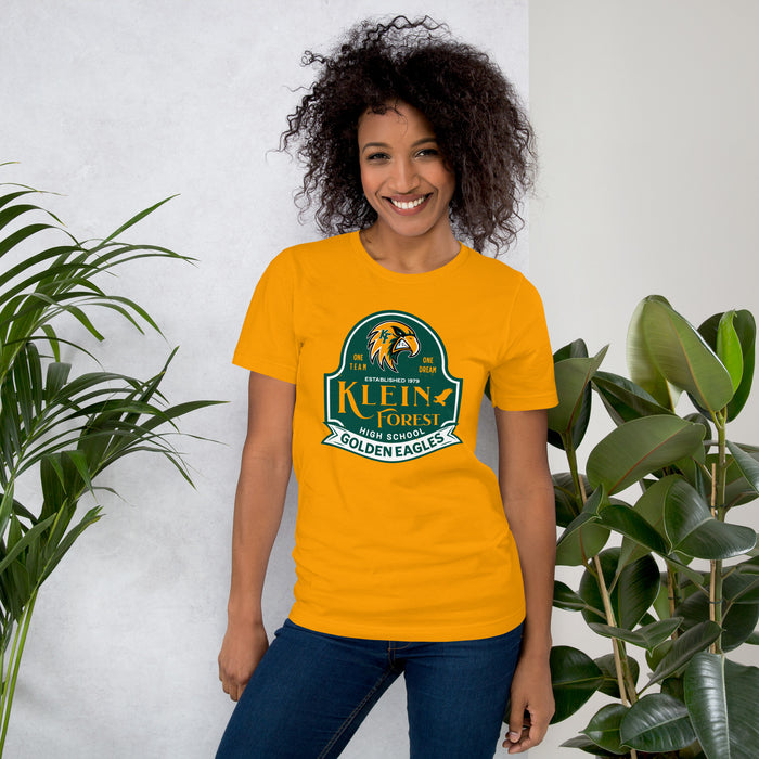 Woman wearing Klein Forest High School Golden Eagles Premium Gold Unisex T-shirt 219