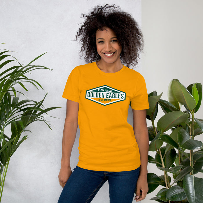 Woman wearing Klein Forest High School Golden Eagles Premium Gold Unisex T-shirt 009
