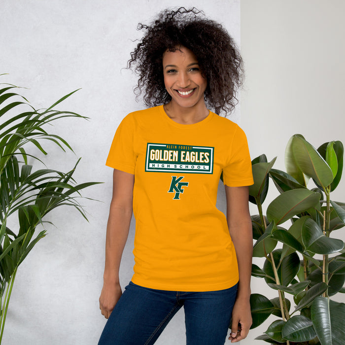 Woman wearing Klein Forest High School Golden Eagles Premium Gold Unisex T-shirt 049