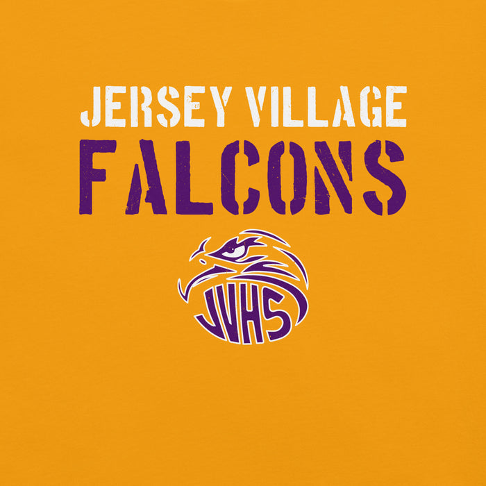 Close-up view of Jersey Village High School Falcons Gold Premium Unisex T-shirt 017
