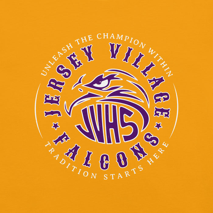 Close-up view of Jersey Village High School Falcons Gold Premium Unisex T-shirt 214