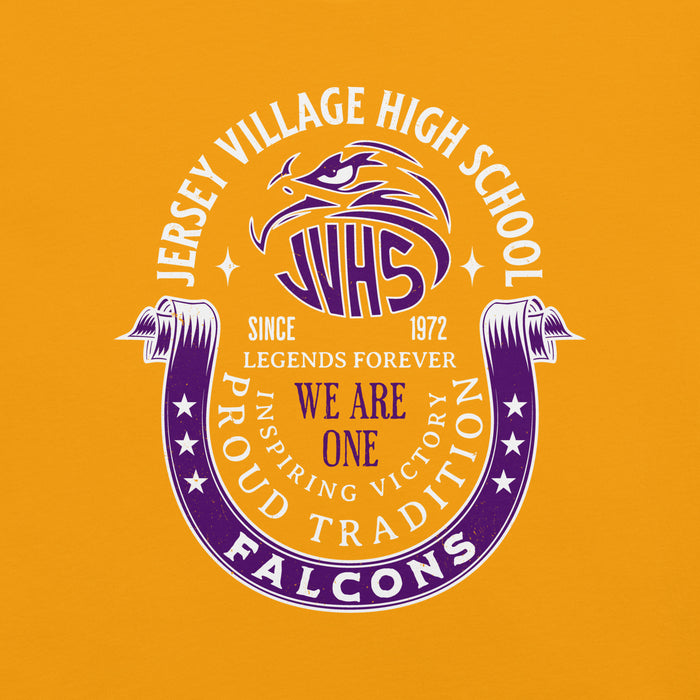 Close-up view of Jersey Village High School Falcons Gold Premium Unisex T-shirt 229