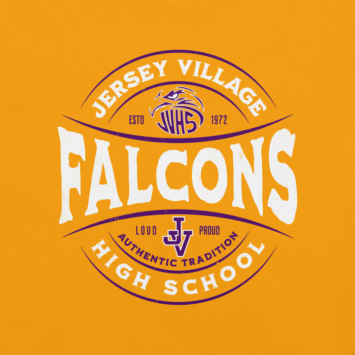 Close-up view of Jersey Village High School Falcons Gold Premium Unisex T-shirt 218