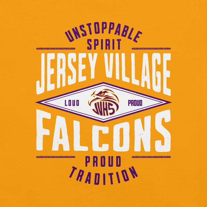 Close-up view of Jersey Village High School Falcons Gold Premium Unisex T-shirt 210