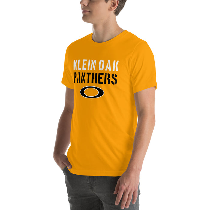 Man wearing Klein Oak High School Panthers Premium Gold Unisex T-shirt 034