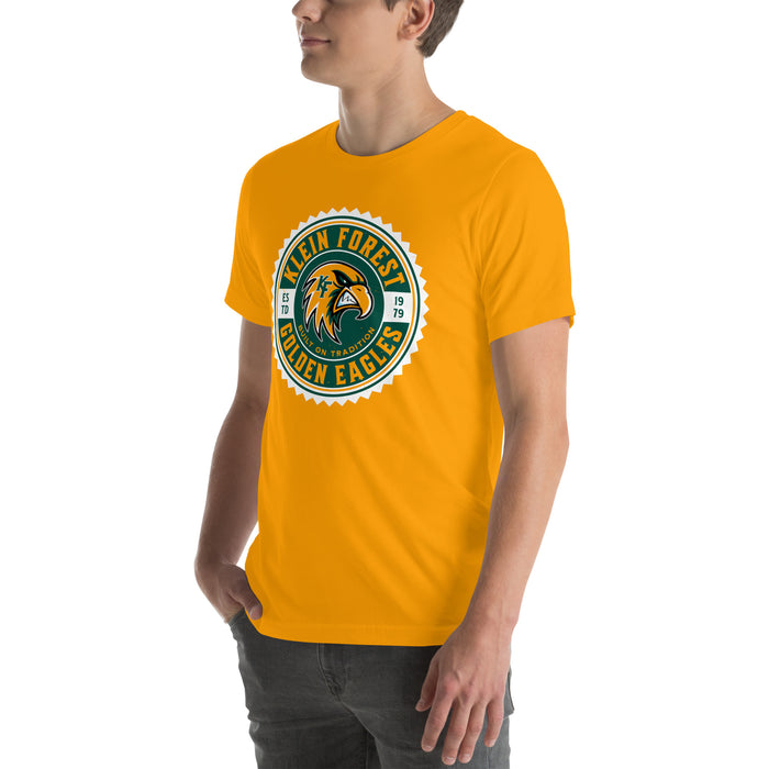 Man wearing Klein Forest High School Golden Eagles Premium Gold Unisex T-shirt 203