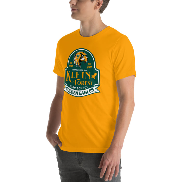 Man wearing Klein Forest High School Golden Eagles Premium Gold Unisex T-shirt 219