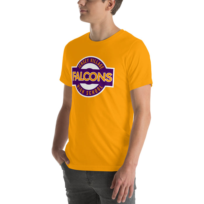 Man wearing Jersey Village High School Falcons Gold Premium Unisex T-shirt 011