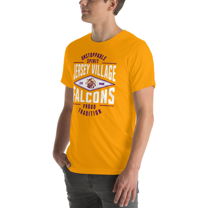 Man wearing Jersey Village High School Falcons Gold Premium Unisex T-shirt 210
