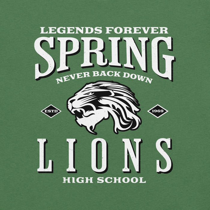Close-up view of Spring High School Lions Heather Green Premium Unisex T-shirt 230