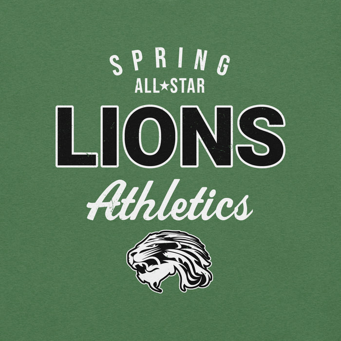 Close-up view of Spring High School Lions Heather Green Premium Unisex T-shirt 034