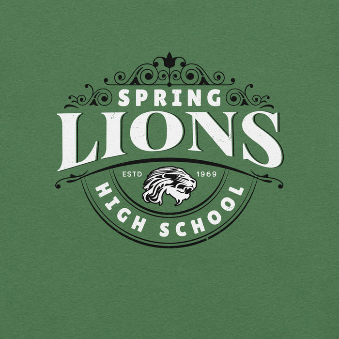 Close-up view of Spring High School Lions Heather Green Premium Unisex T-shirt 211