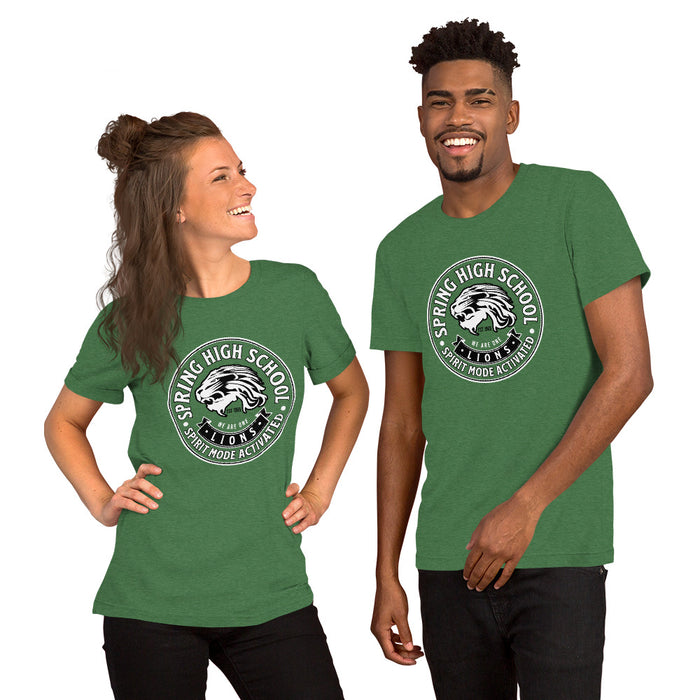 Man and woman wearing Spring High School Lions Heather Green Premium Unisex T-shirt 215
