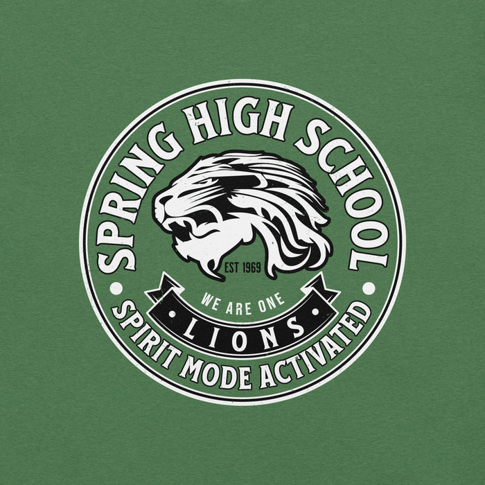 Close-up view of Spring High School Lions Heather Green Premium Unisex T-shirt 215