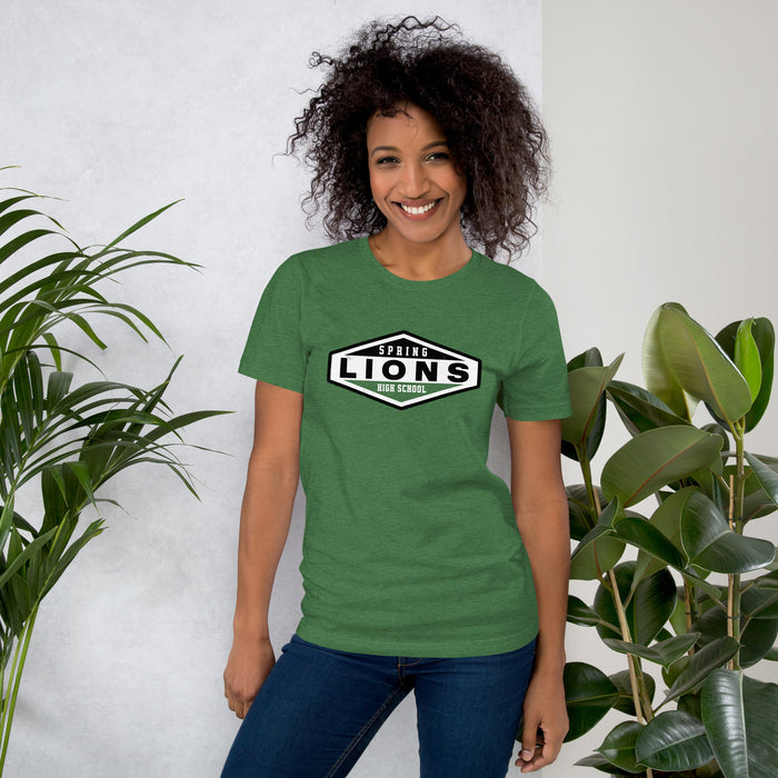 Woman wearing Spring High School Lions Heather Green Premium Unisex T-shirt 009