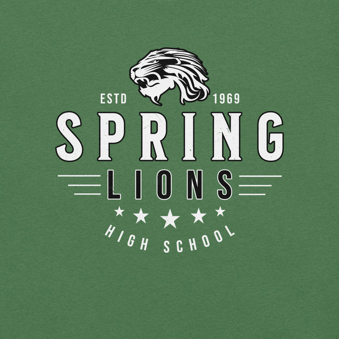 Close-up view of Spring High School Lions Heather Green Premium Unisex T-shirt 217