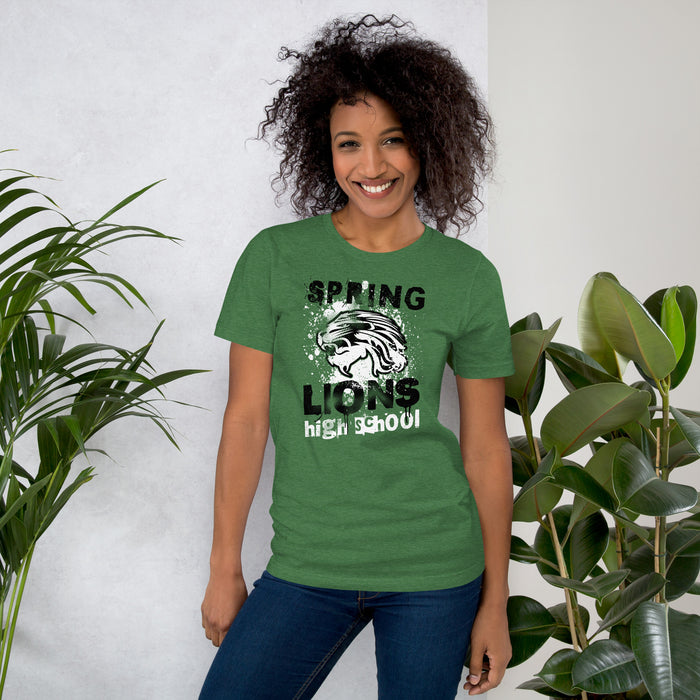 Woman wearing Spring High School Lions Heather Green Premium Unisex T-shirt 205