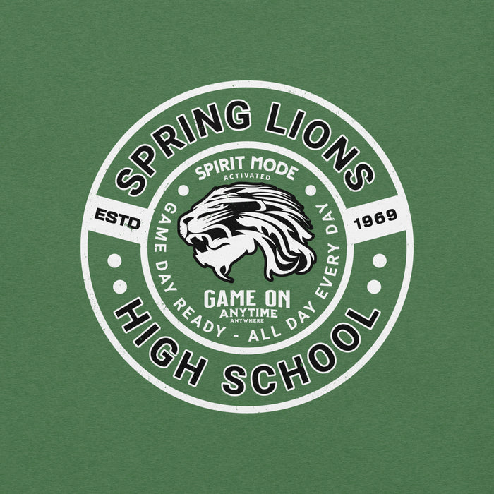 Close-up view of Spring High School Lions Heather Green Premium Unisex T-shirt 239
