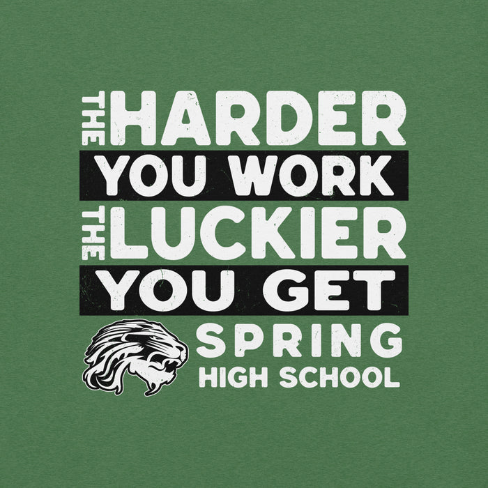 Close-up view of Spring High School Lions Heather Green Premium Unisex T-shirt 238