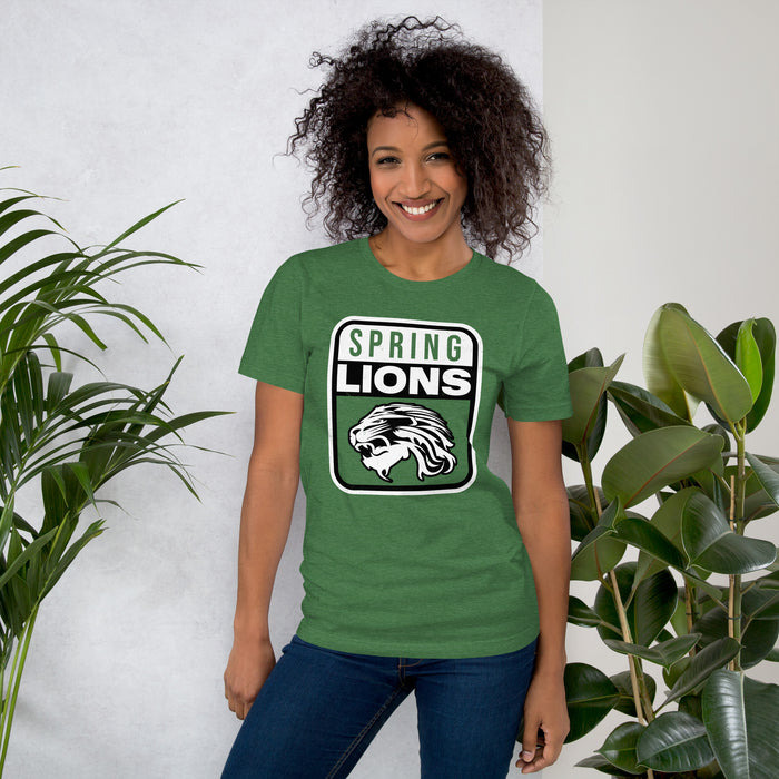 Woman wearing Spring High School Lions Heather Green Premium Unisex T-shirt 001