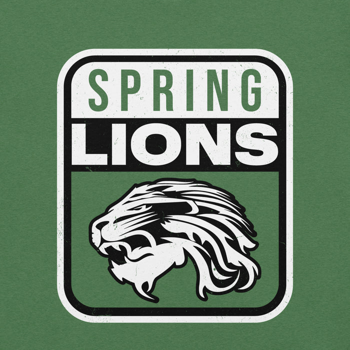 A green graphic print featuring a white and black rounded square badge with the words 'SPRING LIONS' and a stylized lion head illustration. Spring High School Lions Heather Green Premium Unisex T-shirt 001