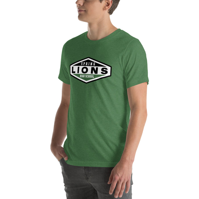 Man wearing Spring High School Lions Heather Green Premium Unisex T-shirt 009