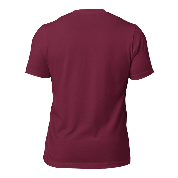 Back view of Lewisville High School Farmers Maroon Premium Unisex T-shirt 210
