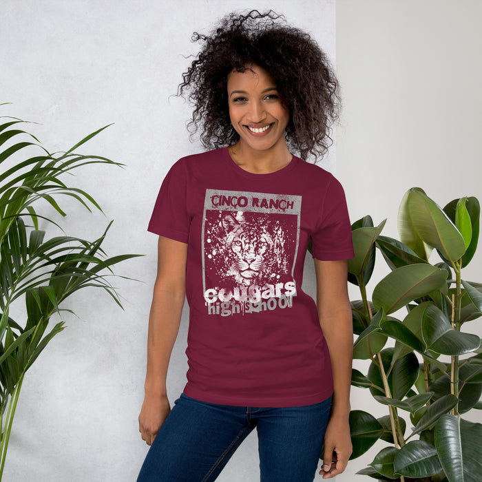 Woman wearing a Cinco Ranch High School Cougars Premium Maroon Unisex T-shirt 202