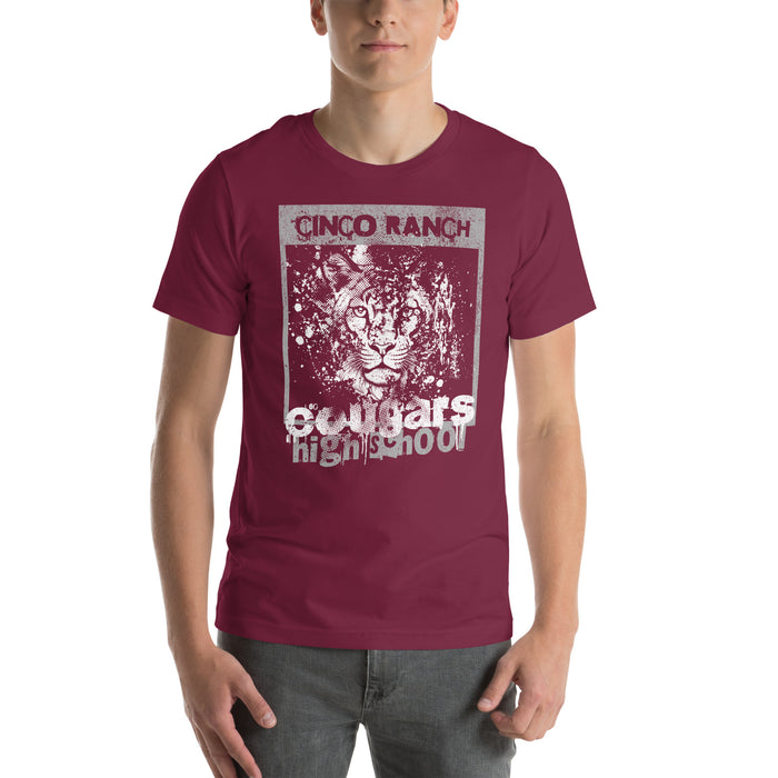 Man wearing a Cinco Ranch High School Cougars Premium Maroon Unisex T-shirt 202