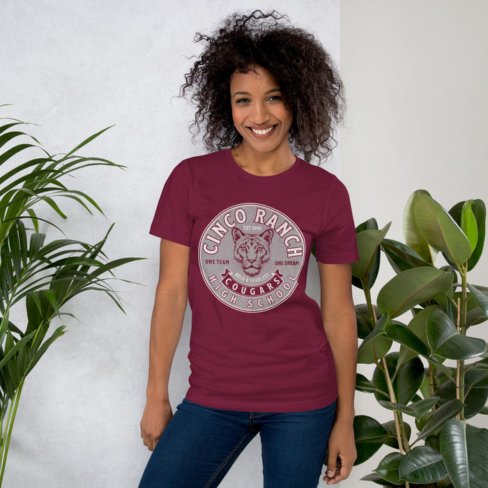 Woman wearing a Cinco Ranch High School Cougars Premium Maroon Unisex T-shirt 204