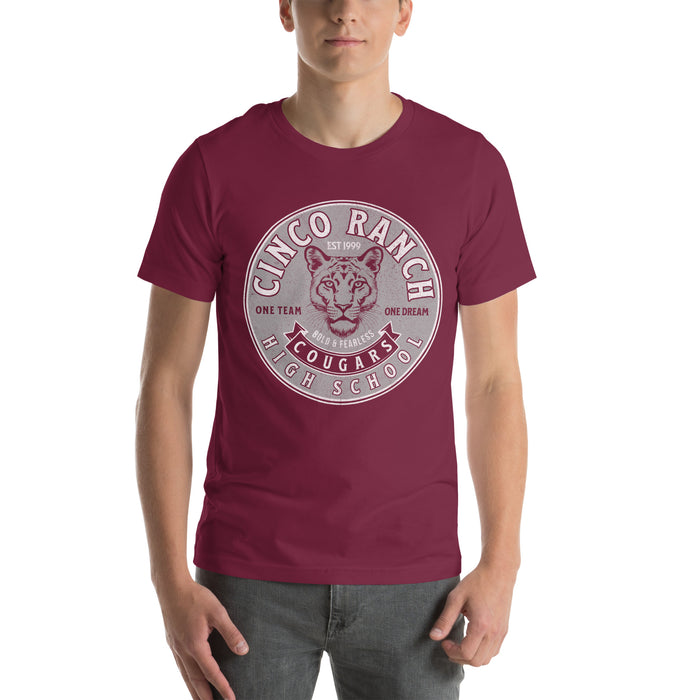 Man wearing a Cinco Ranch High School Cougars Premium Maroon Unisex T-shirt 204