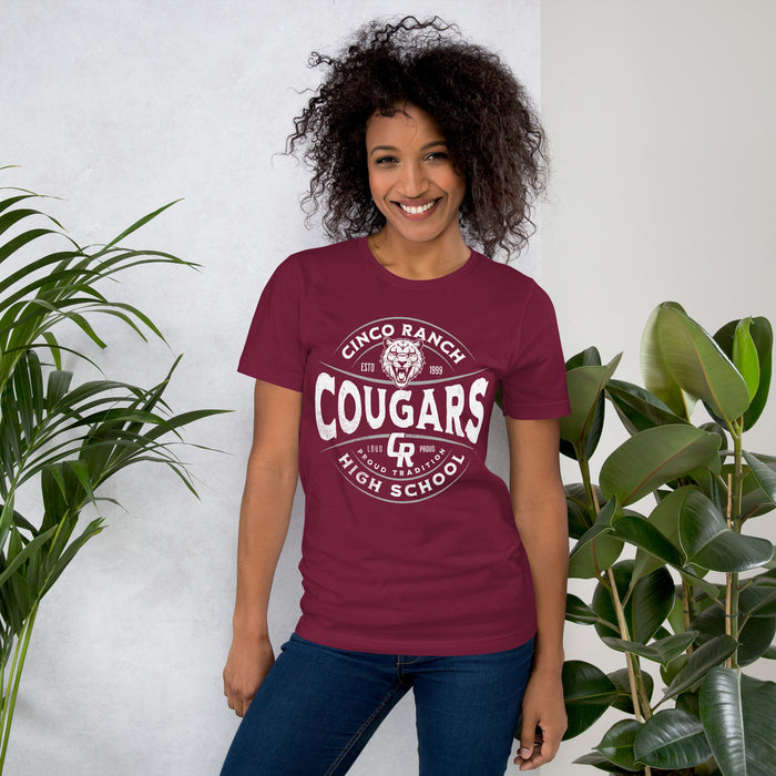 Woman wearing a Cinco Ranch High School Cougars Premium Maroon Unisex T-shirt 205