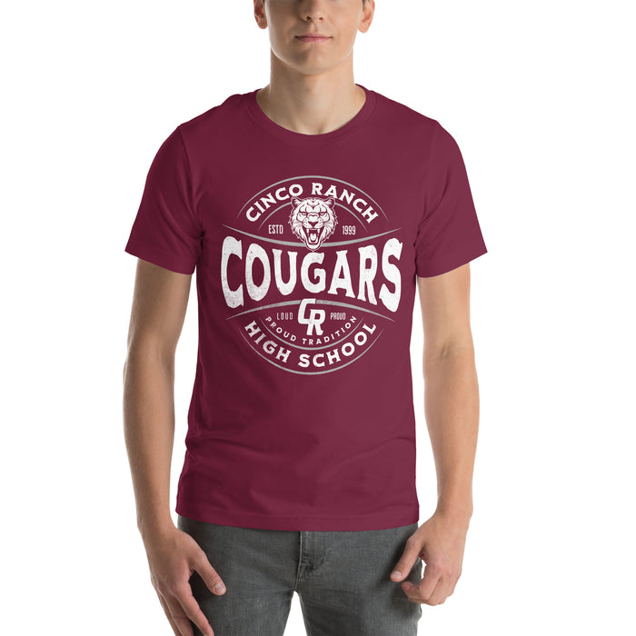 Man wearing a Cinco Ranch High School Cougars Premium Maroon Unisex T-shirt 205