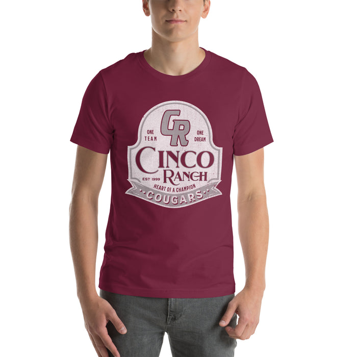 Man wearing a Cinco Ranch High School Cougars Premium Maroon Unisex T-shirt 207