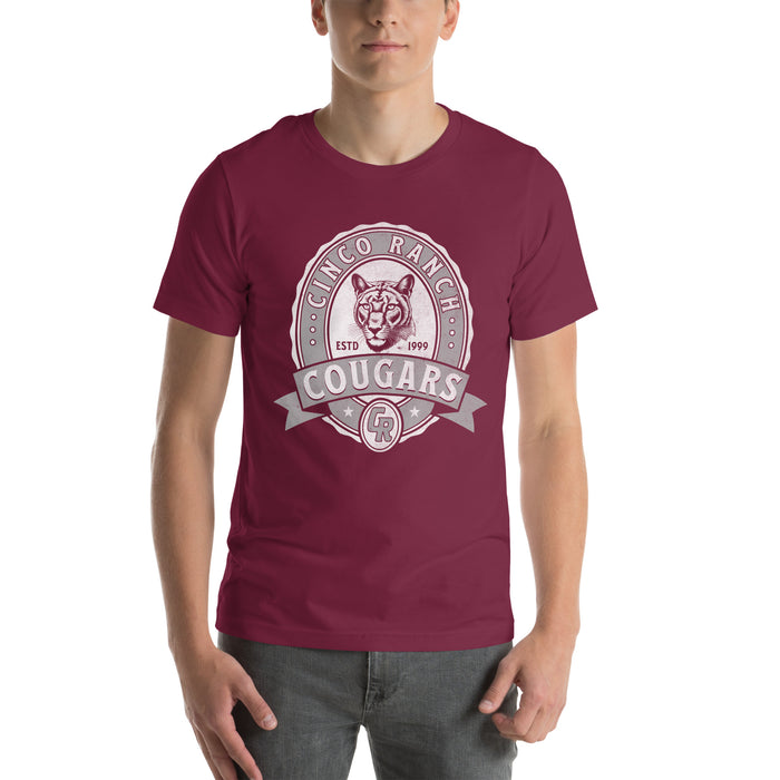 Man wearing a Cinco Ranch High School Cougars Premium Maroon Unisex T-shirt 208