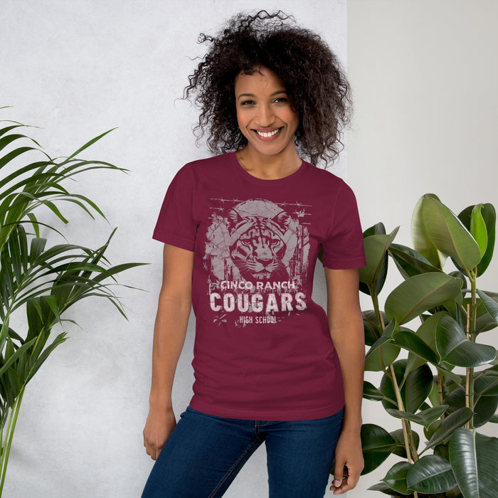 Woman wearing a Cinco Ranch High School Cougars Premium Maroon Unisex T-shirt 209