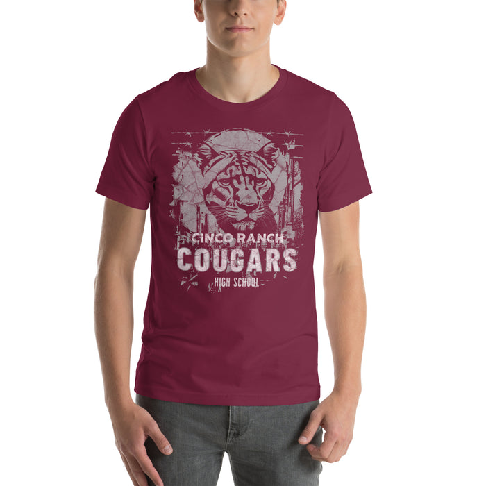 Man wearing a Cinco Ranch High School Cougars Premium Maroon Unisex T-shirt 209