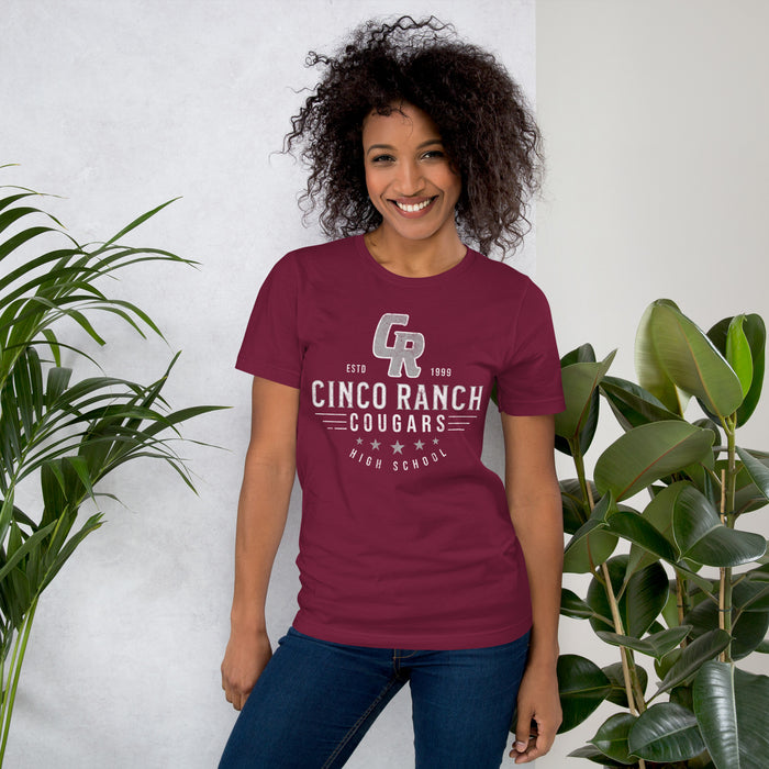 Woman wearing a Cinco Ranch High School Cougars Premium Maroon Unisex T-shirt 219